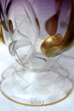 Antique Moser Art Nouveau Amethyst Cut Glass Ear Vase with Lilies