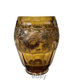 Antique Moser Bohemian Amber Panelled Cut Glass Vase Band/Gold & Silver Floral