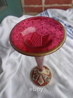Antique Moser Bohemian Cranberry Floral Enamel Cut Cased Trumpet Art Glass Vase