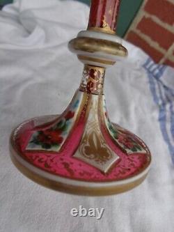 Antique Moser Bohemian Cranberry Floral Enamel Cut Cased Trumpet Art Glass Vase