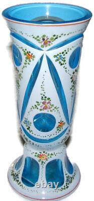 Antique Moser Bohemian White Cut to Blue Art Glass with Enamel Vase