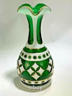 Antique Moser Czech Bohemian Cased Art Glass Vase White Overlay Cut To Green