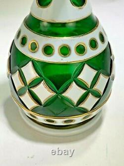 Antique Moser Czech Bohemian Cased Art Glass Vase White Overlay Cut To Green