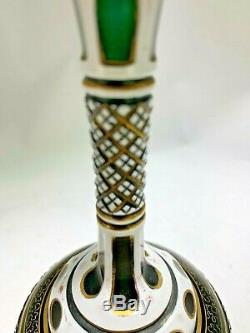 Antique Moser Czech Bohemian Long Neck Vase White Overlay Cut To Green Patterned