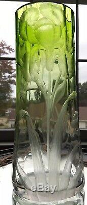 Antique Moser Etched Intaglio Engraved Cut Glass Bohemian Vase Green To Clear