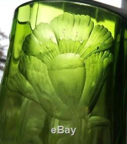 Antique Moser Etched Intaglio Engraved Cut Glass Bohemian Vase Green To Clear