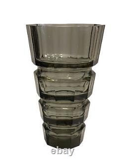 Antique Moser Glass Art Deco Smoky Topaz Facet Cut Glass Vase 12 Inch