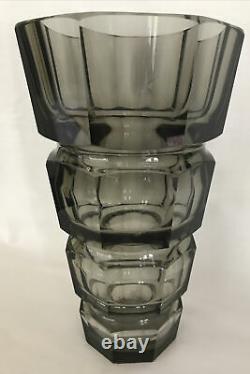 Antique Moser Glass Art Deco Smoky Topaz Facet Cut Glass Vase 12 Inch