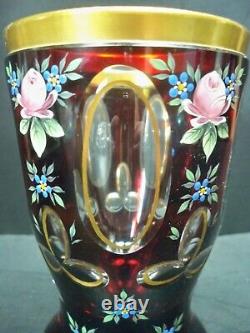 Antique Moser Glass Cranberry Cut to Clear Hand Painted Beaker Chalice Gold Gilt