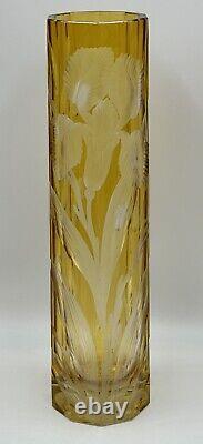 Antique Moser Yellow Cut to Clear Glass Vase Engraved with Iris's Circa 1920