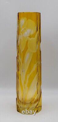 Antique Moser Yellow Cut to Clear Glass Vase Engraved with Iris's Circa 1920