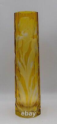 Antique Moser Yellow Cut to Clear Glass Vase Engraved with Iris's Circa 1920