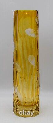 Antique Moser Yellow Cut to Clear Glass Vase Engraved with Iris's Circa 1920