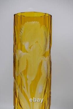 Antique Moser Yellow Cut to Clear Glass Vase Engraved with Iris's Circa 1920