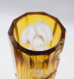 Antique Moser Yellow Cut to Clear Glass Vase Engraved with Iris's Circa 1920