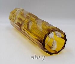 Antique Moser Yellow Cut to Clear Glass Vase Engraved with Iris's Circa 1920