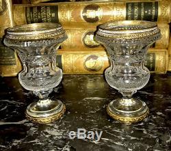 Antique Pair Diamond Cut Crystal Gilt Bronze Miniature Urn /Vases