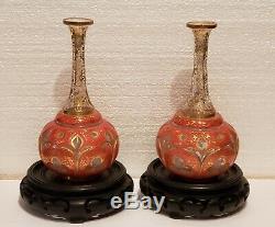 Antique Pair Moser Bohemian Long Neck Vases PINK Overlay Cut CLEAR Gilt Details