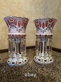 Antique Pair Victorian Bohemian Cut to Clear Glass Mantle Lustres Crystal Prisms