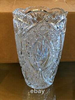 Antique Queen Lace Bohemian Czech Hand Cut Glass Crystal Vase, 10 T X 6.25 D