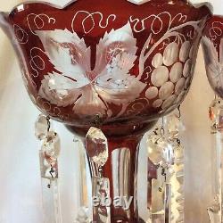 Antique Ruby Red Cut to Clear Bohemian Crystal Luster Grapevine Pattern & Prisms