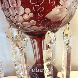 Antique Ruby Red Cut to Clear Bohemian Crystal Luster Grapevine Pattern & Prisms