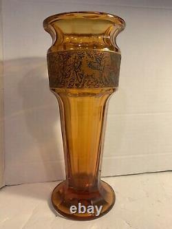 Antique Sgnd MOSER KARLSBAD ART GLASS cut PANELED & GOLD ENCRUSTED WARRIORS VASE