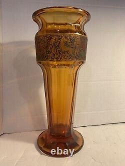 Antique Sgnd MOSER KARLSBAD ART GLASS cut PANELED & GOLD ENCRUSTED WARRIORS VASE