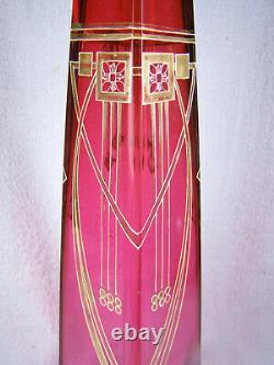 Antique Tall Cased Cranberry Cut Glass Gold Decorated Art Deco Vase