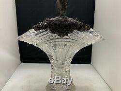 Antique Tiffany Cut Crystal Basket Vase with Sterling Silver Looped Handle
