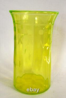 Antique VASELINE URANIUM CUT ETCHED ENGRAVED OPTIC FLOWER Art DECO Glass VASE