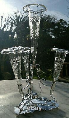 Antique Victorian Art Nouveau Cut Glass Silver Plated Epergne Bud Vase 13.5Tall