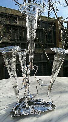Antique Victorian Art Nouveau Cut Glass Silver Plated Epergne Bud Vase 13.5Tall