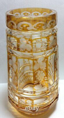 Antique Victorian Bohemian Amber Cut to Clear Etched Glass Vase Circa 1860