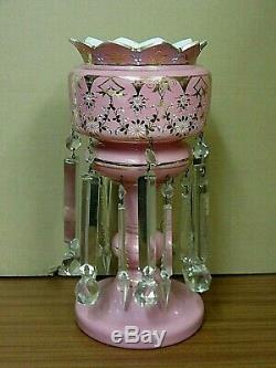 Antique Victorian Pink Opaline Glass Lustre/Mantle Vase with Cut Drops