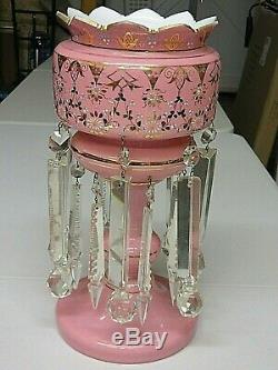 Antique Victorian Pink Opaline Glass Lustre/Mantle Vase with Cut Drops