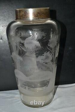 Antique Vintage Signed Hawkes Cut Etched Glass Vase Hunting Dog Scene Silver Rim
