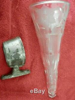 Antique Vintage early cut and etched GLASS Flower CAR VASE w Original Bracket