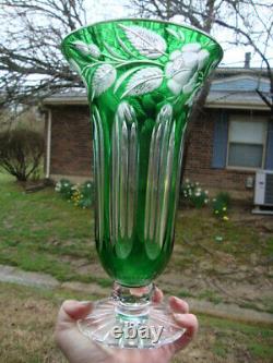 Antique Vtg Green Crystal Cut To Clear Art Glass Vase Bohemian Czech