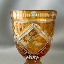 Antique Vtg Moser Bohemian Gold Cut To Clear Crystal Chalice Goblet Vase