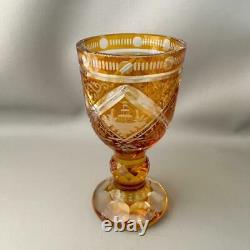 Antique Vtg Moser Bohemian Gold Cut To Clear Crystal Chalice Goblet Vase