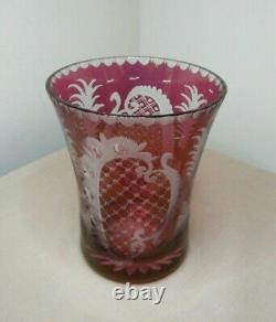 Antique Wheel Cut & Etched Ruby Glass Vase Stag & Castle