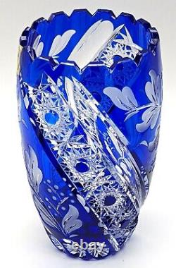 Arnstadt Kristall Handcut Cobalt Blue Cut to Clear Vase Germany Takashimaya 1991