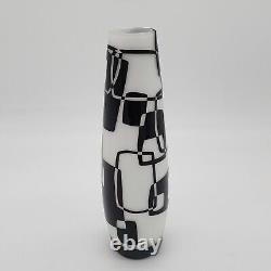 Art Glass Vase Cut White to Brown Geometric Patterns VTG MCM 11.75 Tall