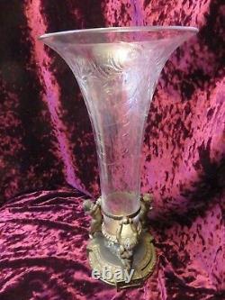Art Nouveau Cut Glass Vase Brass Stand 19th C Flying Angels 14 Pairpoint c1532