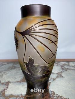 Art Nouveau Style Acid Cut Cameo Art Glass Vase with Birds & Foliage Signed
