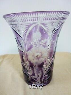 Art glass Crystal Amethyst vase Cut to Clear Large beautiful heavy Vase