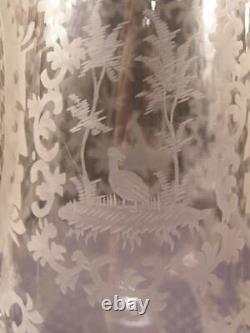BIG Antique Bohemian Czech Moser Deer Bird Scenic Mantle Cut Etch Flower Vase LG