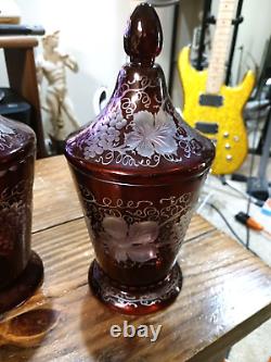 BOHEMIAN CRYSTAL LIDDED JAR/URN Vase Hand ETCHED CRANBERRY Cut to CLEAR Czech