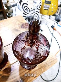 BOHEMIAN CRYSTAL LIDDED JAR/URN Vase Hand ETCHED CRANBERRY Cut to CLEAR Czech